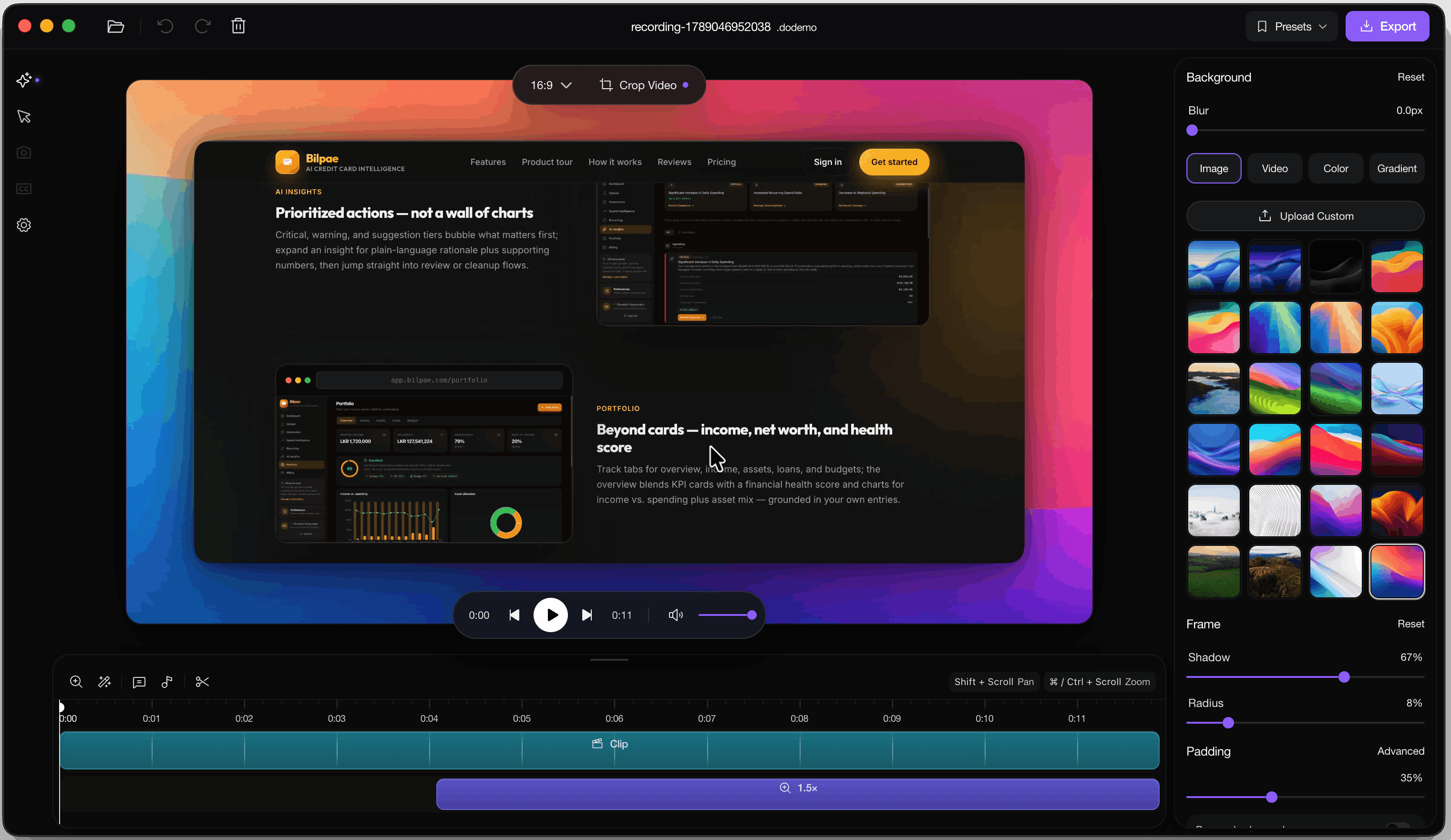 DoDemo editor with screen recording, zoom timeline, webcam, and background controls